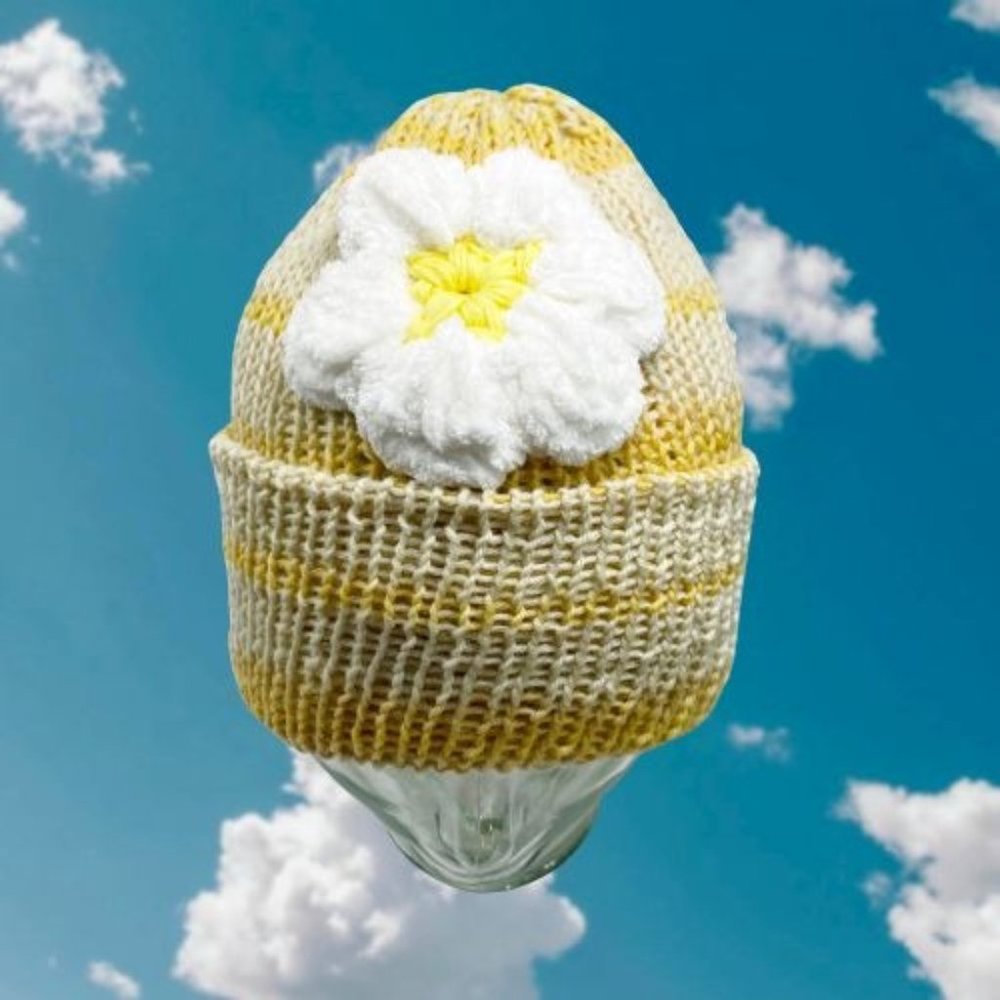 Crochet & Knit Wide Cuff Daisy Beanie OS